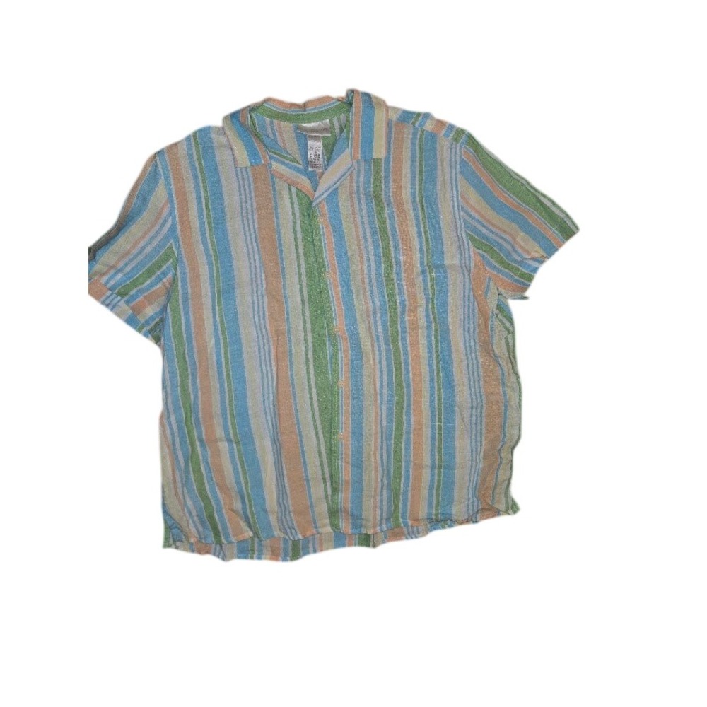 Jones New York Sport Womens Large‎ Linen Blend Striped Short Sleeve Button Up
